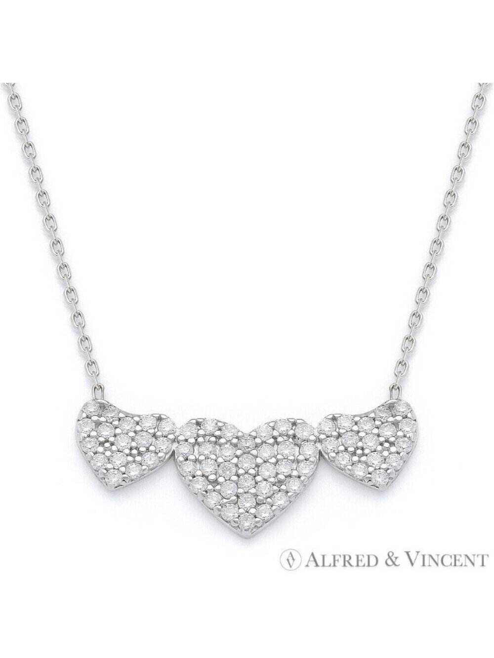Triple-Heart CZ Charm Pendant & Chain Necklace in .925 Sterling Silver